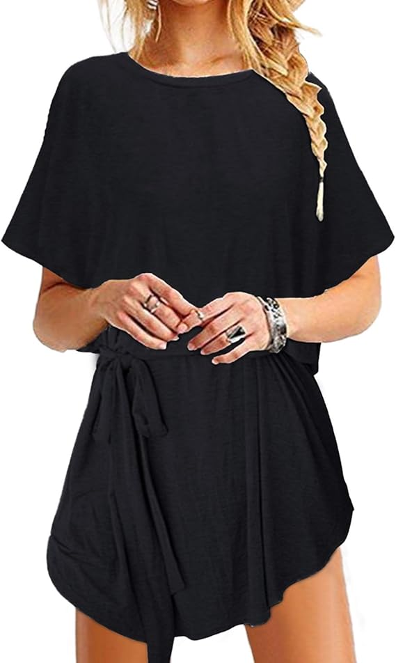 YOINS Women Mini Dresses Short Sleeve Casual Loose Tunic Round Neck Long Tshirt Mini Dress