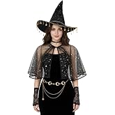 HOMELEX Moon Witch Accessories Set for Women, Hat Cape Choker Gloves | 5-piece celestial witch set with moon hat, choker, lace gloves, sheer cape and waist chain for Halloween looks.