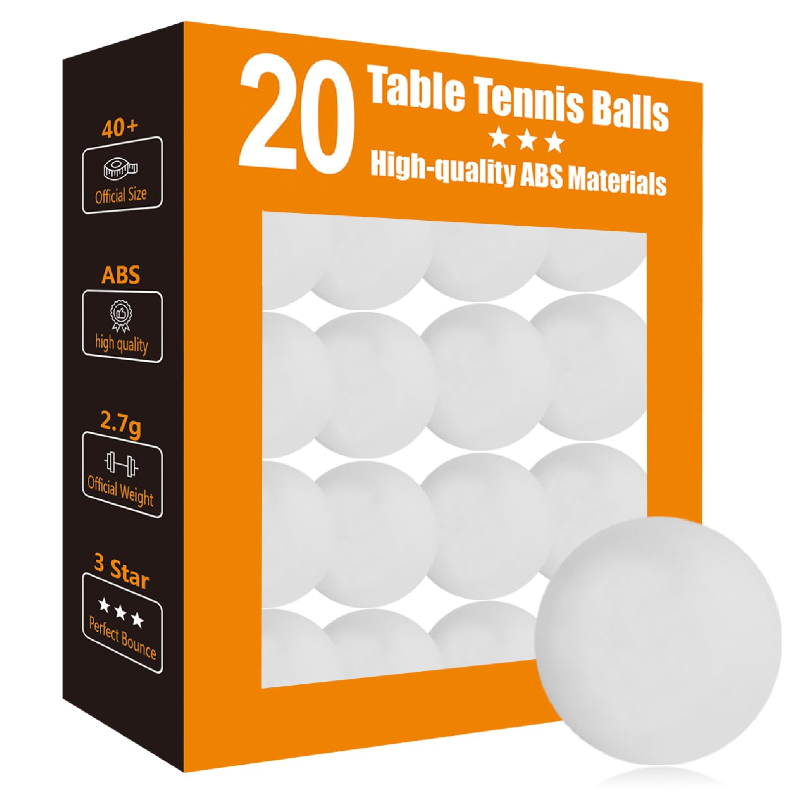 Photo 1 of 3 Star White Ping Pong Balls: 40mm Premium ABS Plastic - 20 Pack High Bounce & Durable Table Tennis Balls for Coaches/Clubs/Schools - Indoor/Outdoor Practice & Match Play