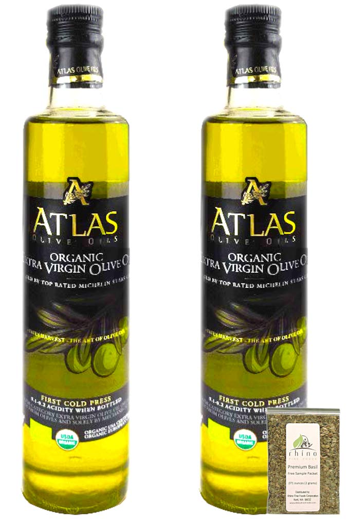 Atlas Olive Oils SARL, Moroccan Organic Extra Virgin Olive Oil (EVOO), Cold Pressed, Polyphenol Rich, Imported from Morocco, 500 fl oz (.5 Liter) + Includes-Free Basil from Rhino Fine Foods, .071 oz