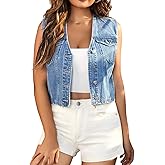 LifeShe Women's Cropped Denim Vest Top Casual V Neck Button Down Sleeveless Jean Jacket Waistcoat