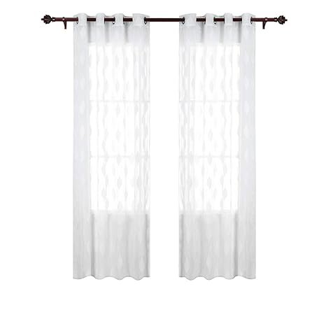 Deconovo Voile Vorhänge mit Ösen Vorhänge Transparent Gardinen Jacquard 175x140 cm Weiß Blatt 2er Set