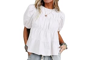 TZLDN Womens Flowy Babydoll Tops Puff Short Sleeve Peplum Boho Tops Blouse Dressy Casual Summer Smocked Ruffle Cute Shirt