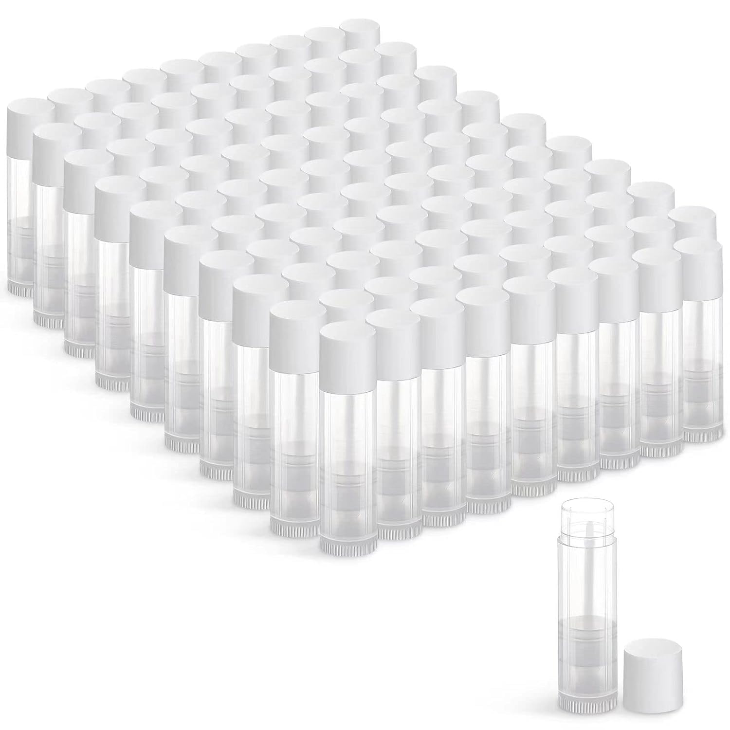 Photo 1 of 100 Sets Empty Lip Balm Tubes Bulk Round with Caps for DIY Lipstick Homemade, 3/16 OZ (5.5 ML), Clear, BPA Free, 100 Tubes and Caps