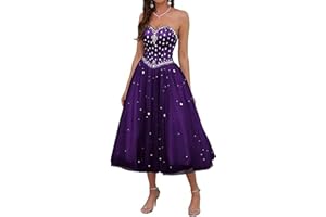 Likedpage Women's Strapless Tea Length Prom Dress, Tulle Ball Gown with Crystal Beading, Corset Back