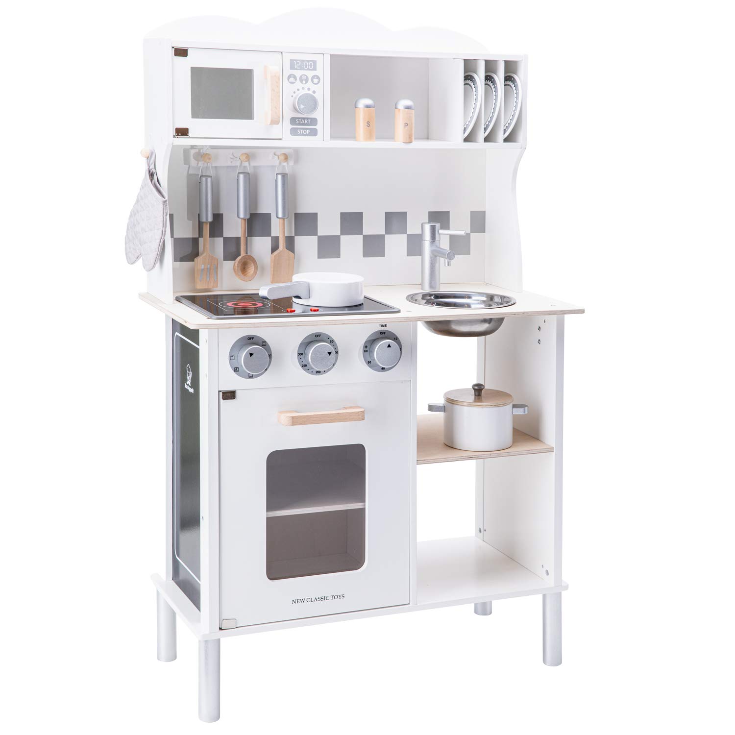 New Classic Toys Wooden Pretend Toy Kitchen for Kids with Role Play Bon Appetit Electric Cooking Included Accesoires Makes Sound, Modern White Image