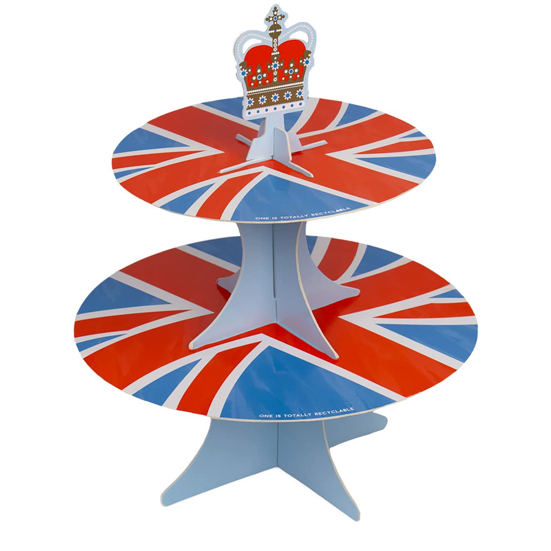 Coronation Table Decorations | Disposable 2 Tier Paper Reversible Cake Stand | Includes British Union Jack Flag & Crown Cakestand Topper | Party Supplies Royal Table Decorations- Height 30cm — image 1