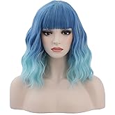 incohair Blue Ombre Wigs for Women 14 Inches Short Blue Wavy Wig With Bangs Short Wigs for Cosplay Party Daily Wigs Wig Cap Included