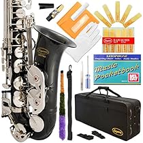 Lazarro 370-BK E-Flat Eb Alto Saxophone Black-Silver Keys with Case, 11 Reeds, Care Kit and Many Extras
