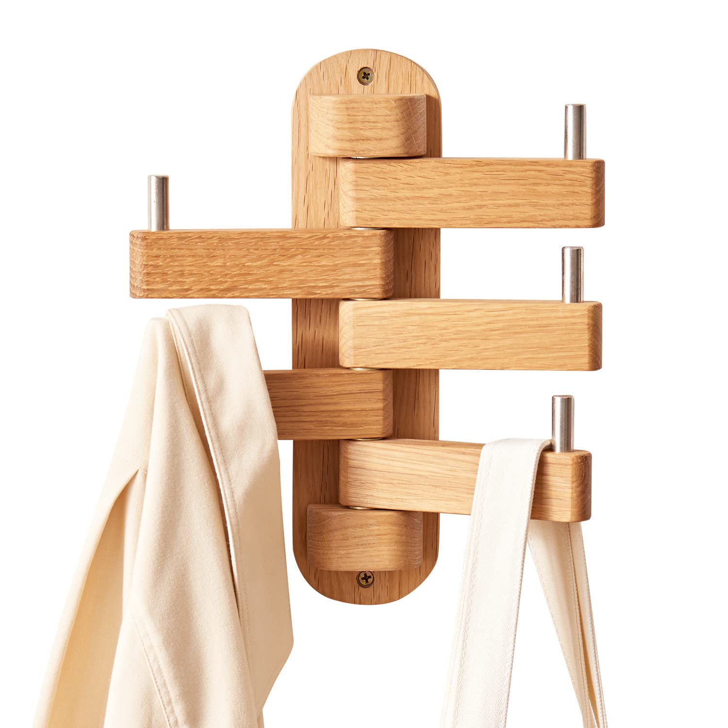 OAKERLAND Wooden Coat Rack Wall Mounted, Solid Oak Swivel Jackets Hooks with Swing Arm for Bag, Scarves, Handbags, 5 Hooks Floating Coat Rack for Entryway, Living Room, Bedroom, Office