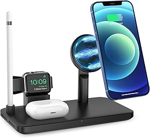 iSeneo Magnetic Wireless Charging Station - 4 in 1 Wireless Charger, Wireless Charging Stand Compatible with iPhone 12/12 Mini/12 Pro/Pro Max, iWatch 2/3/4/5/6, AirPods 2/Pro and Pencil (No Adapter)
