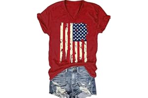 TIXOM 4th of July V Neck Patriotic T-Shirts Women American Flag Print Faith Family Freedom Letter Casual Short Sleeve Tee Tops