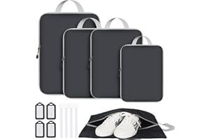 AVITORO Compression Packing Cubes,5 Set Compression Packing Cubes Travel,Travel Packing Cubes Suitcases Organizer with 4 Luggage Cards Expandable Storage Packing Organizers with Shoe Bag Travel Essentials