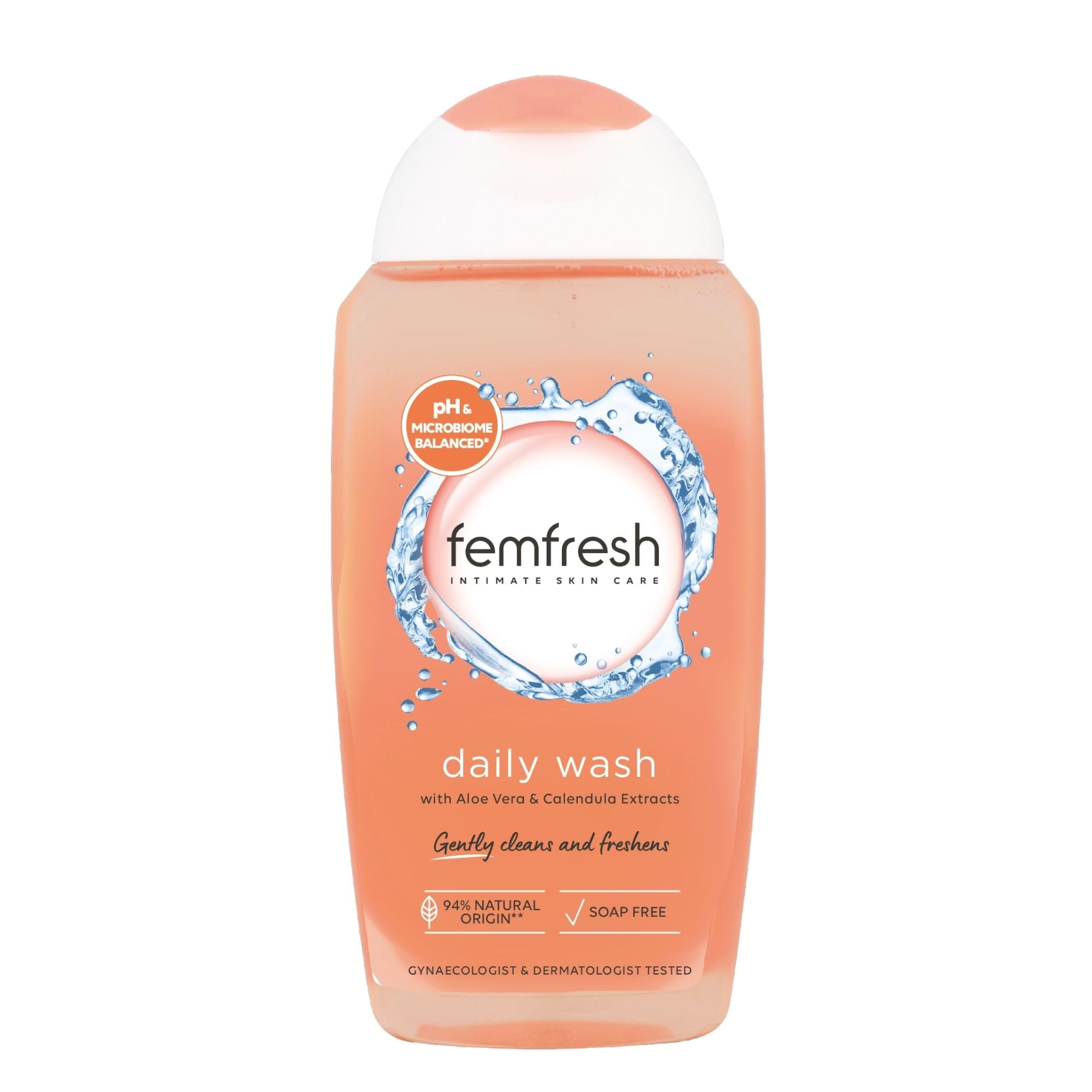 Femfresh Daily Intimate Wash, Feminine Hygiene Shower & Bath Gel Cleanser, pH Balanced, Soap Free Feminine Wash with Aloe Vera & Calendula, Hypoallergenic, 250ml