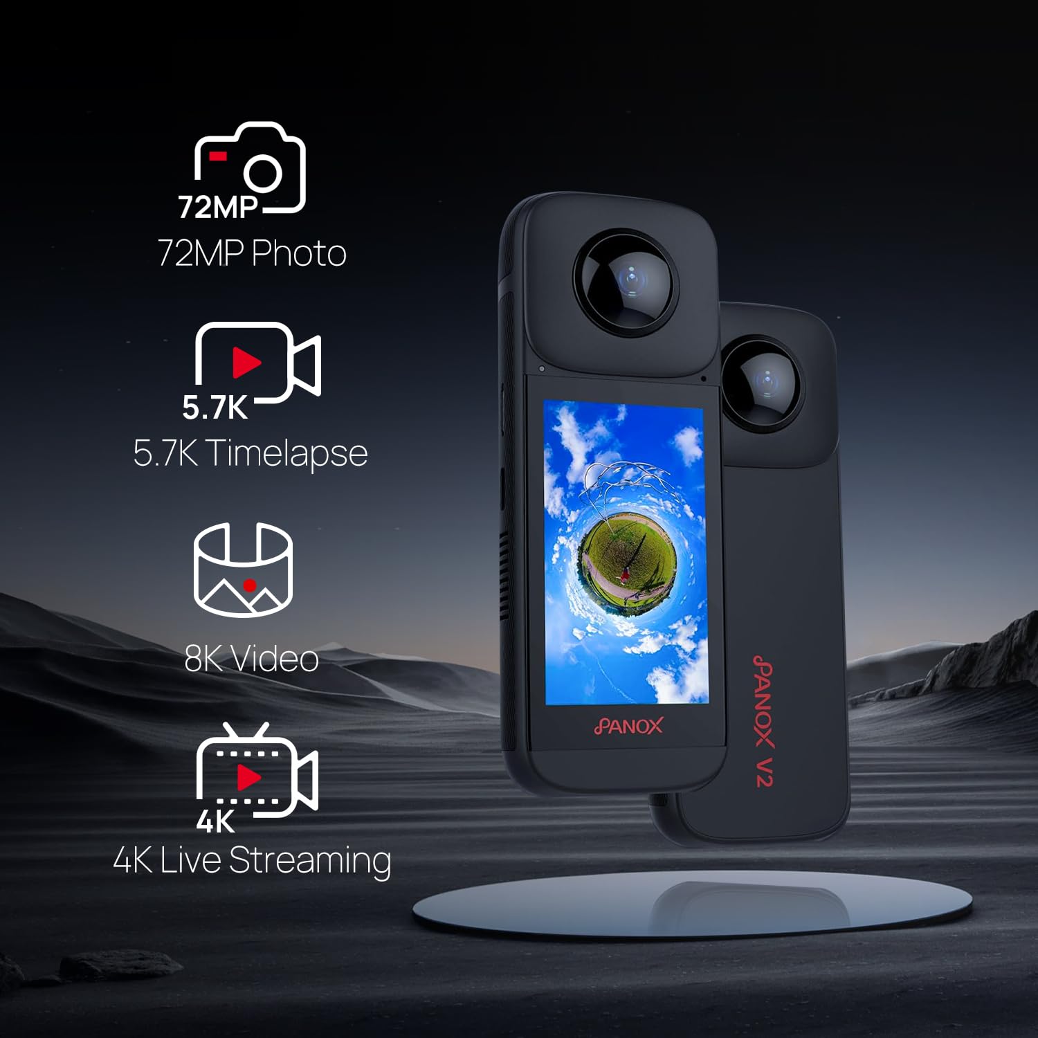 PANOX V2 360 Camera for Motorcycle - 72MP Photo, 5.7K Video, 4K Live 360° Camera, GPS Panorama, Android 10 OS, AI Editing, Stabilization, and Multi-Platform Live Streaming
