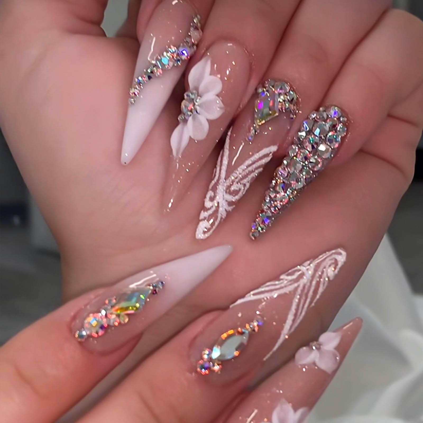 RUOKEXIN Long Press on Nails Stiletto Shaped Fake Nails Handmade False Nails with Rhinestones Designs White Ombre Glue on Nails Glitter Artificial Nails Luxury Stick on Nails for Women 24Pcs - Image 3