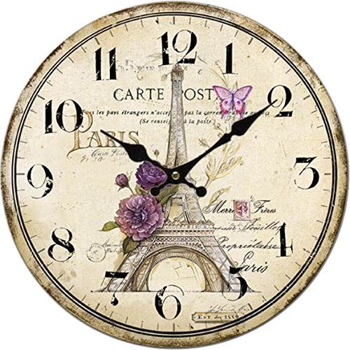 Yung Jo 8" Vintage French Country Style ,Eiffel Paris Pattern ,Arabic Numerals Design Home Decorative Wooden Round Wall Clock (Old Eiffel)