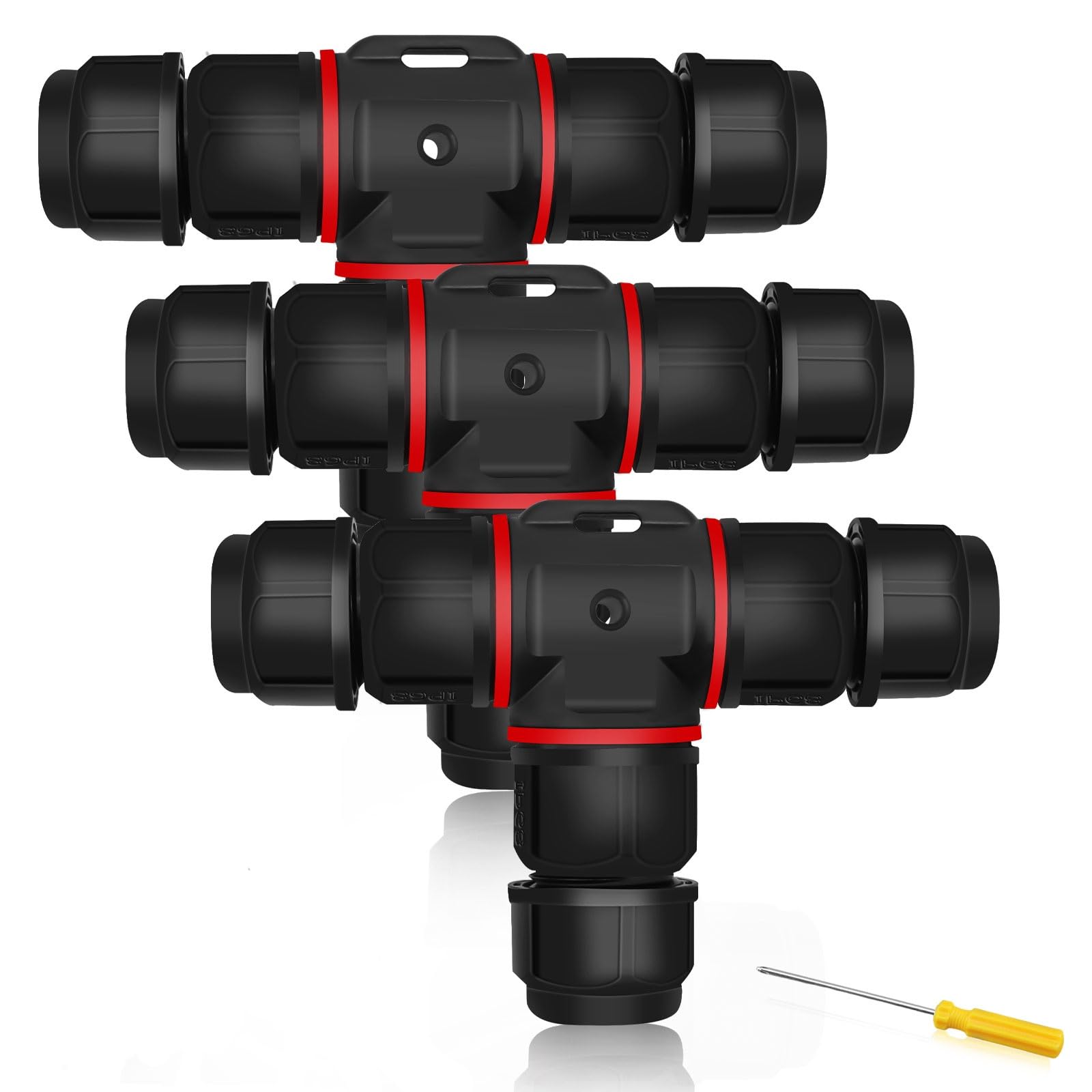 Waterproof IP68 T-shaped Junction Box, 3 Pieces Junction Boxes, 3-Pin Earth Cable Connection for Ø3-12 mm Cable Diameter, with a Screwdriver
