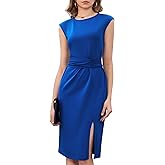 Dressystar Women's Crew Neck Belted Side Slit Business Work Office Dress 2026 Cap Sleeve Sheath Midi Church Dresses