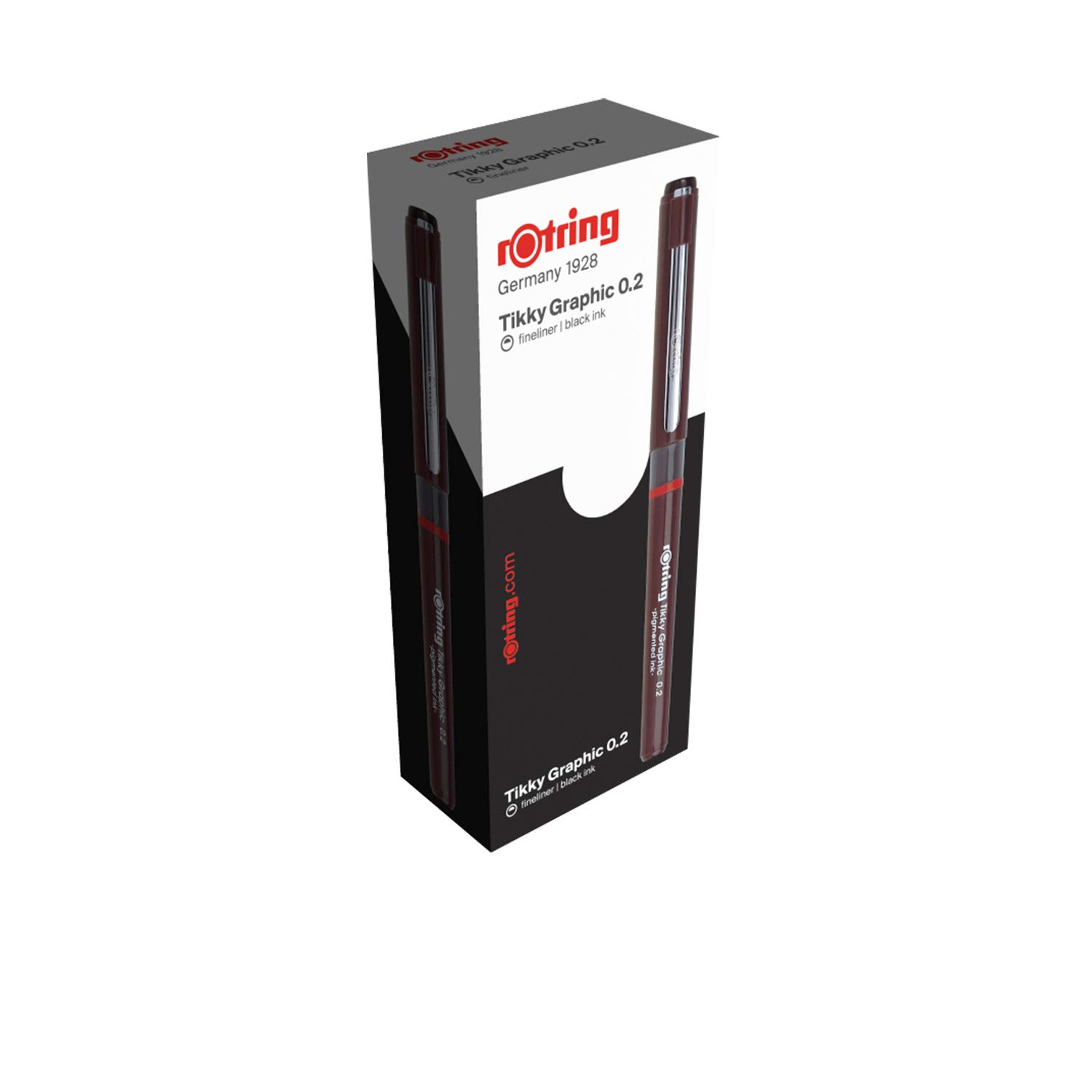 rOtring Tikky Graphic Fibre Tip Pens | 0.20 mm | Black Ink | Burgundy Barrels | Box of 12 Fineliners