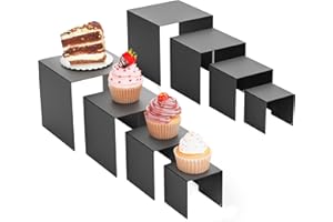 NEETBU Matte Metal Display Stand,6 Pcs 2 Set Display Risers for Display, Metal Rectangular Display Shelf for Showcase, Dessert, Toys, Perfume (Black, 3''x4''x5 x6)