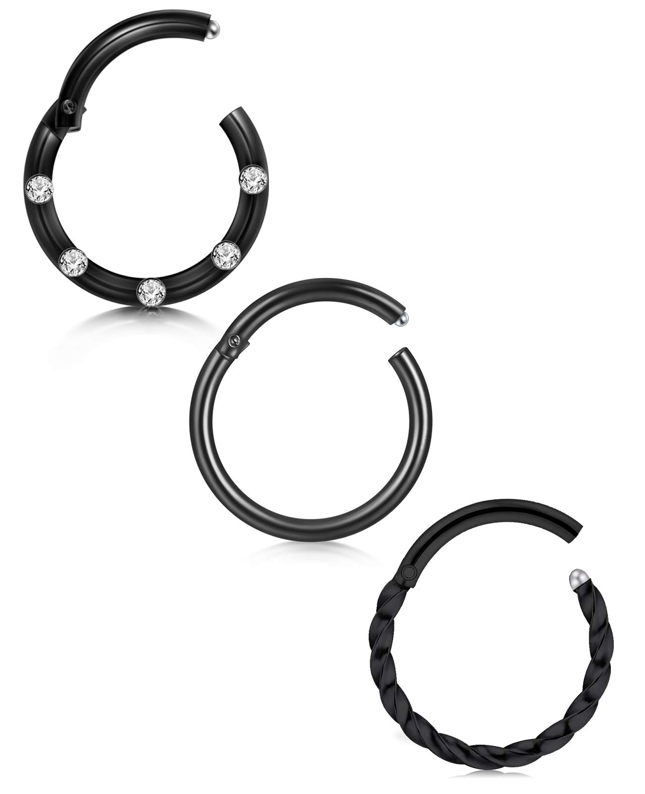 Mayhoop 18G Nose Ring Nose Piercing Rings Surgical Steel black 8mm Hinged Segment Clicker Rings Hoop Eyebrow Lip Bars Tragus Daith Helix Earrings Piercing Jewellery 3Pcs