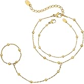 Hand Chain Bracelets for Women 14K Gold Plated Stainless Steel Link Dainty Non Tarnish Finger Bracelets Ring Hand Chain Hand Jewelry Gifts for Women Trendy Stackable Charm Ring Bracelet