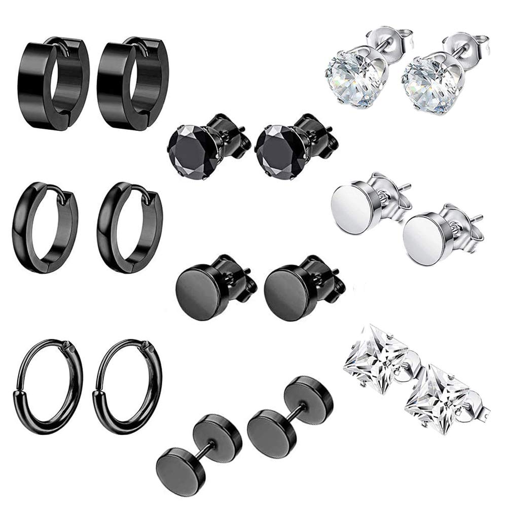 9 Pairs Black Stud Earrings,Cool Stud Earring Set,Stylish Stud Earrings Man,Stainless Steel Stud Earrings,Neutral Earrings In A Mix Of Silver And Black,Used On Ear Cartilage Or Other Parts