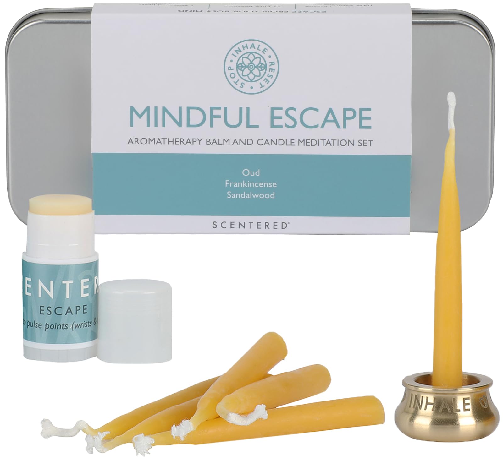 Scentered Aromatherapy Balm & Meditation Candle Set - Mindful Escape Relaxation - x12 Beeswax Candles with Brass Holder & x1 Essential Oil Blend Balm