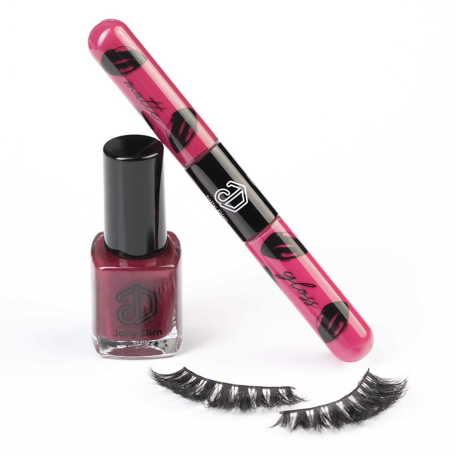 Jolly Dim Makeup Makeup Set 4 - Matte & Gloss Lip Duo Deep Pink 4. Eyelashes Theatre. Nail Polish Burgund 4.