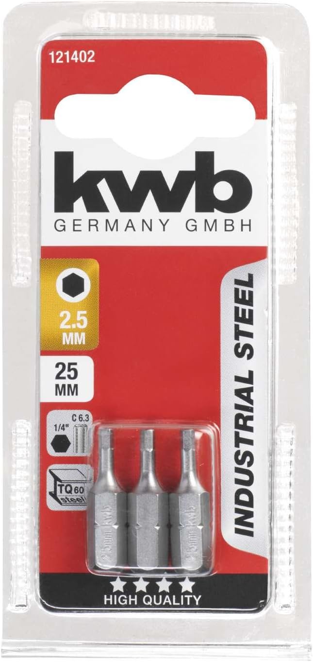 kwb 3 x Bits 25 mm Hex 2.5mm Industrial Steel 121402 (TQ 60 Steel, ISO 1173 Drive C 6.3), Ndustrialmm, Sechskt. 2,5 mm