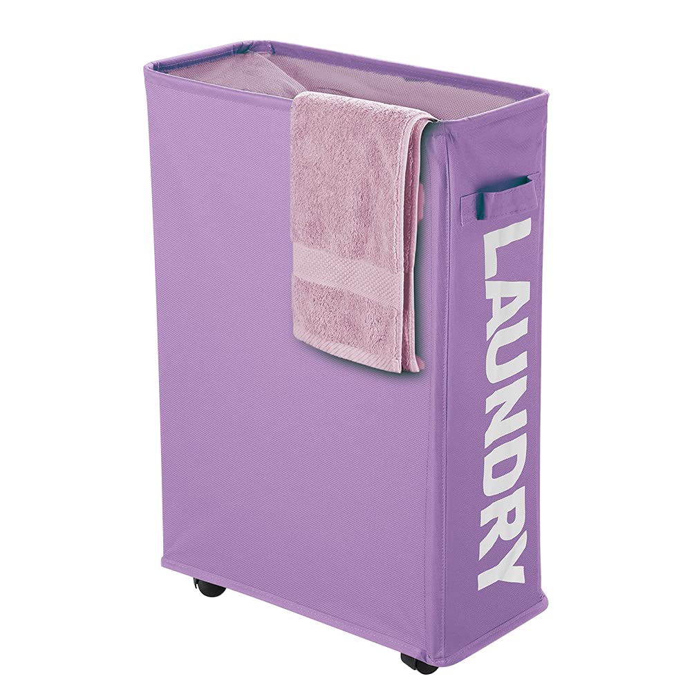 IHOMAGIC 40L Laundry Hamper Foldable on Wheels, Laundry Baskets Thin with Handles - Collapsible Dirty Clothes Storage Bag, Slim Laundry Bags Rectangular for Bedrooms, Living Room, Bathroom (Purple)