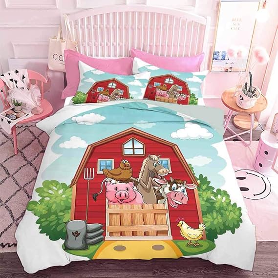 Bedding Cover Set 3pcs Happy Farm Animals Living in Barnhouse Chicken