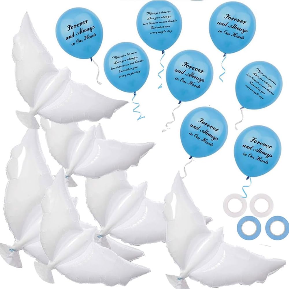 Photo 1 of 26 Pieces Blue Memorial Biodegradable Funeral Remembrance Balloons and 41.3 Inch Dove Balloons for Release to Celebrate Life, Bereavement, Condolences, Anniversary services