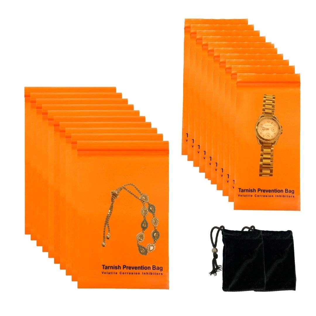 A-ONE Tarnish Prevention VCI Bags with Zipper for Jewelry, Metal Protection, Rust Prevention Zipper Bag, 3.2" X 6" (10 PCS), 4" X 6" (10 PCS) + Velvet Bags (Without Tarnish Prevention Function) 2 PCS