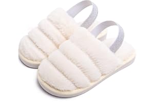 TECHCITY Kids Fluffy Fuzzy Slippers Open Toe House Home Slippers for Boys and Girls Faux Fur Slides with Strap Little Kids Slip-on Shoes