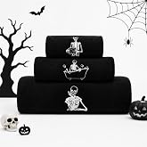 Peryiter 3pcs Halloween Skeleton Bath Towels Black White Decor for Bathroom | Bath Hand Washcloth, Embroidered Skull Pattern, Pure Cotton Absorbent, Halloween Party Bath Decor, Spooky Home Accent Gift