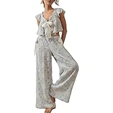 Adoeren Women Y2k 2 Piece Front Tie Pajama Ruched Ruffle Sleeveless V Neck Crop Tops Long Pants Loose Print Sleepwear Sets