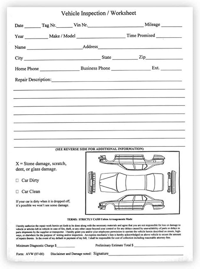 Vehicle Inspection Worksheet (Car Dealer Service Body Shop Form) (1 Pad