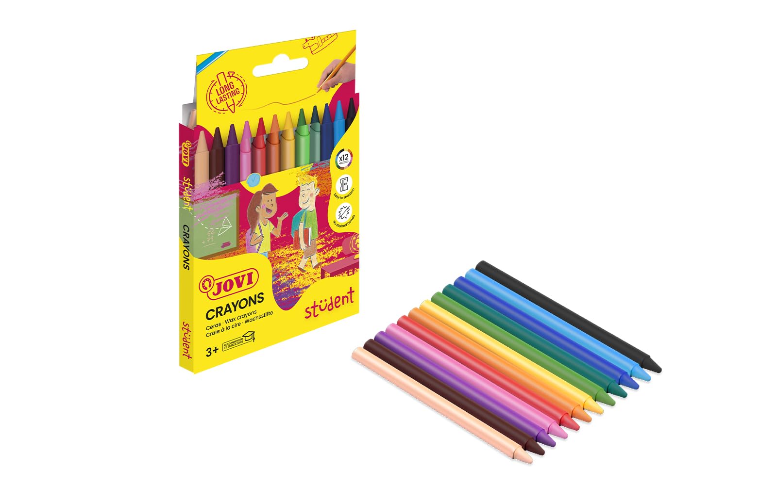 Jovi Plasticolor Wax Crayons for Ages 3+ Odourless, Easy to Wash, Shatterproof, Erasable, 12 Colours in a Box