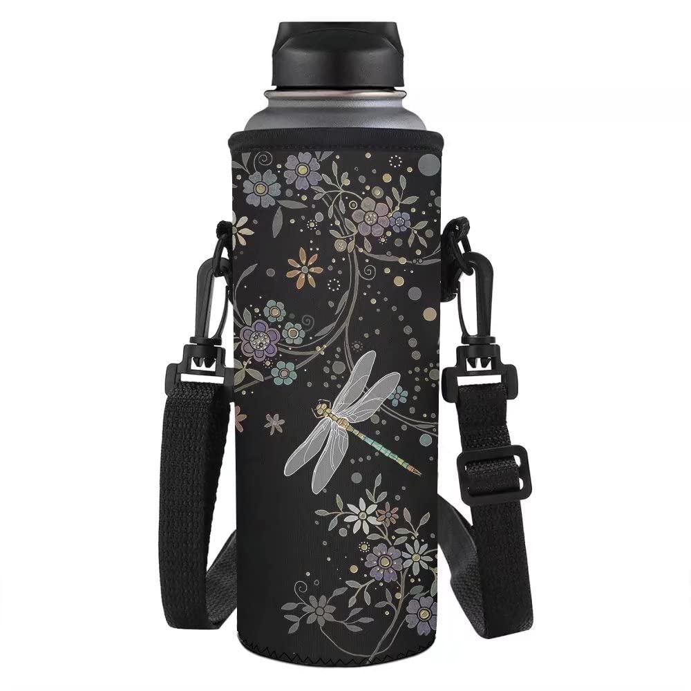 NETILGEN Floral Dragonfly Water Bottle Holder Neoprene Pouch Glass Bottles Bag Thermos Cup Sleeve for Walking with Dog Cycling Running Picnic Beach 24oz/750ml