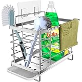 Orimade Kitchen Sink Caddy Organizer with Drain Pan Adhesive and Countertop Dual-Use Sponge Brush Soap Dish Holder SUS304 Stainless Steel