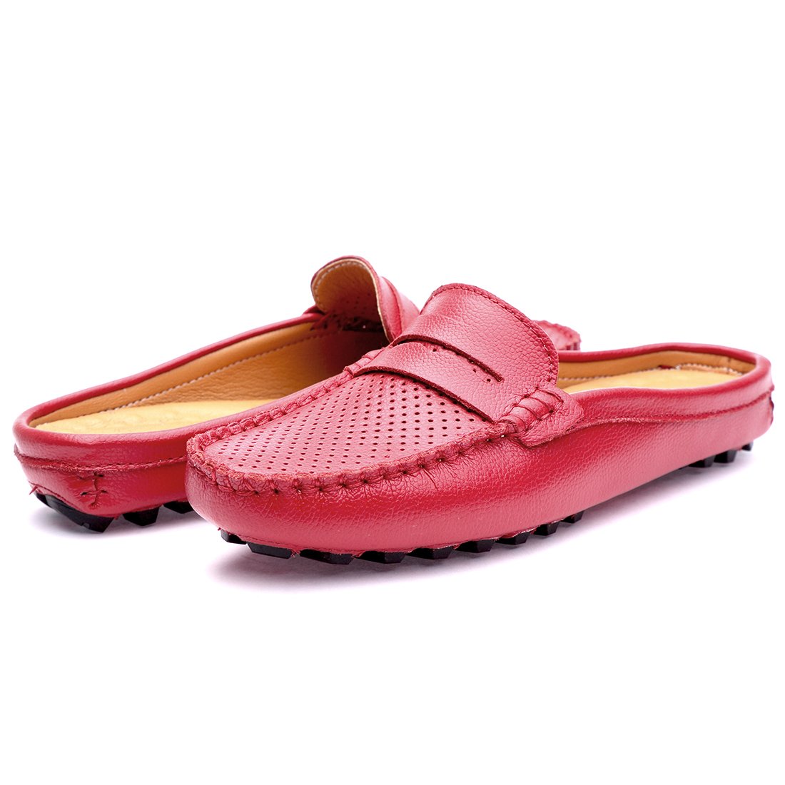 SUNROLAN 20133hong40 Women\'s Leather Casual Summer Breathable Slip-On Backless Slipper Mule Loafer Flats Shoes Hollow Out Red