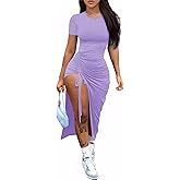 Nimsruc Women Sexy Summer Dresses Short Sleeve Thigh-high Slit Ruched Bodycon Maxi Club Cocktail Party Dress