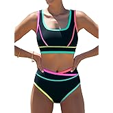popvil High Waisted Bikini Sets for Women Neon Two Piece Swimsuit 2026 Sporty Slimming Crossover Waist Bathing Suit