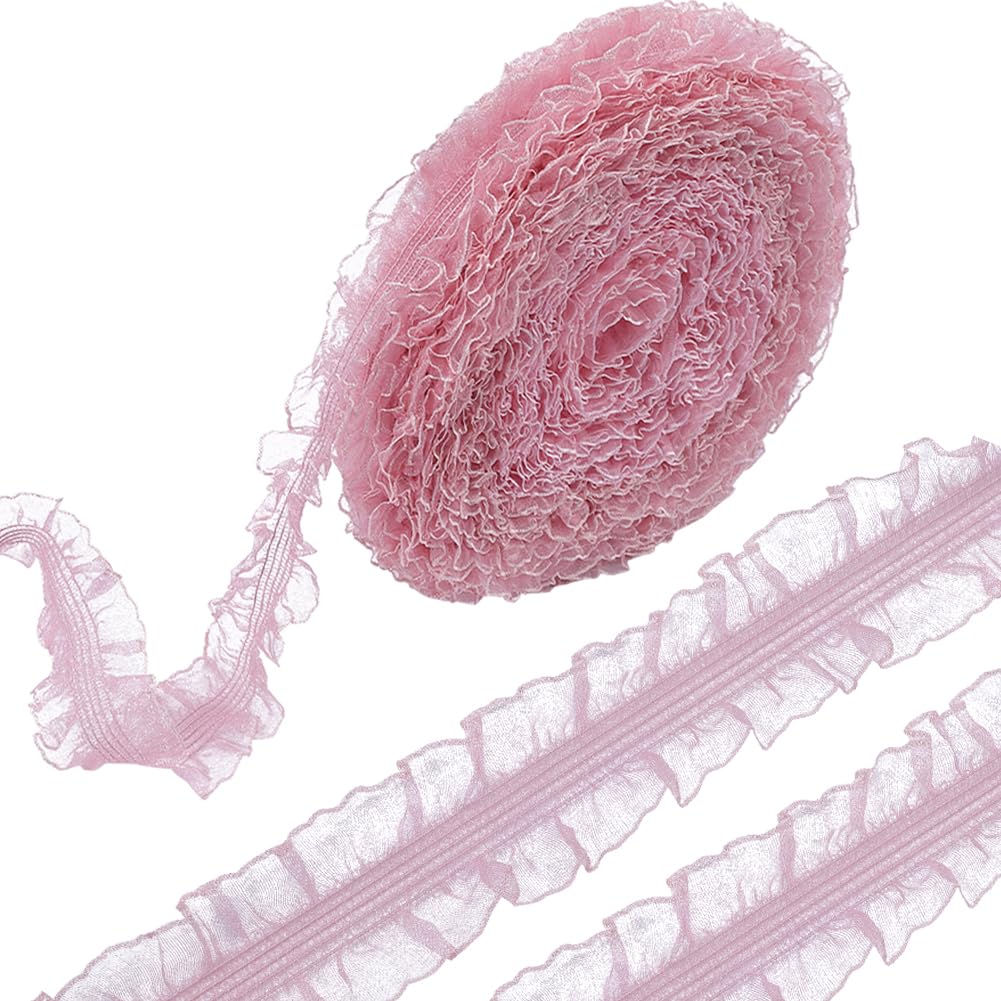 GORGECRAFT 20Yds Ruffled Pleated Lace Trim Ribbon 30mm Double Ruffle Elastic Stretch Lace Edge Trimmings Gathered Fringe Appliques for Dress Wedding Collars DIY Sewing Crafts Decor Gift Wrapping Pink