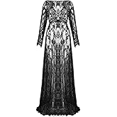 ZIUMUDY Sexy Deep V-Neck Long Sleeve Lace Beach See-Through Maternity Maxi Dress