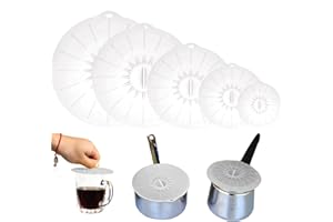 VIGOR PATH Set of 5 Silicone Lids,Heat Resistant, Microwave Splatter Covers, Reusable Food Suction Lids for Cups, Bowls, Plates, Pots, Pans, Skillets, Stovetops, Ovens, L, XL) BPA-Free -Transparent White