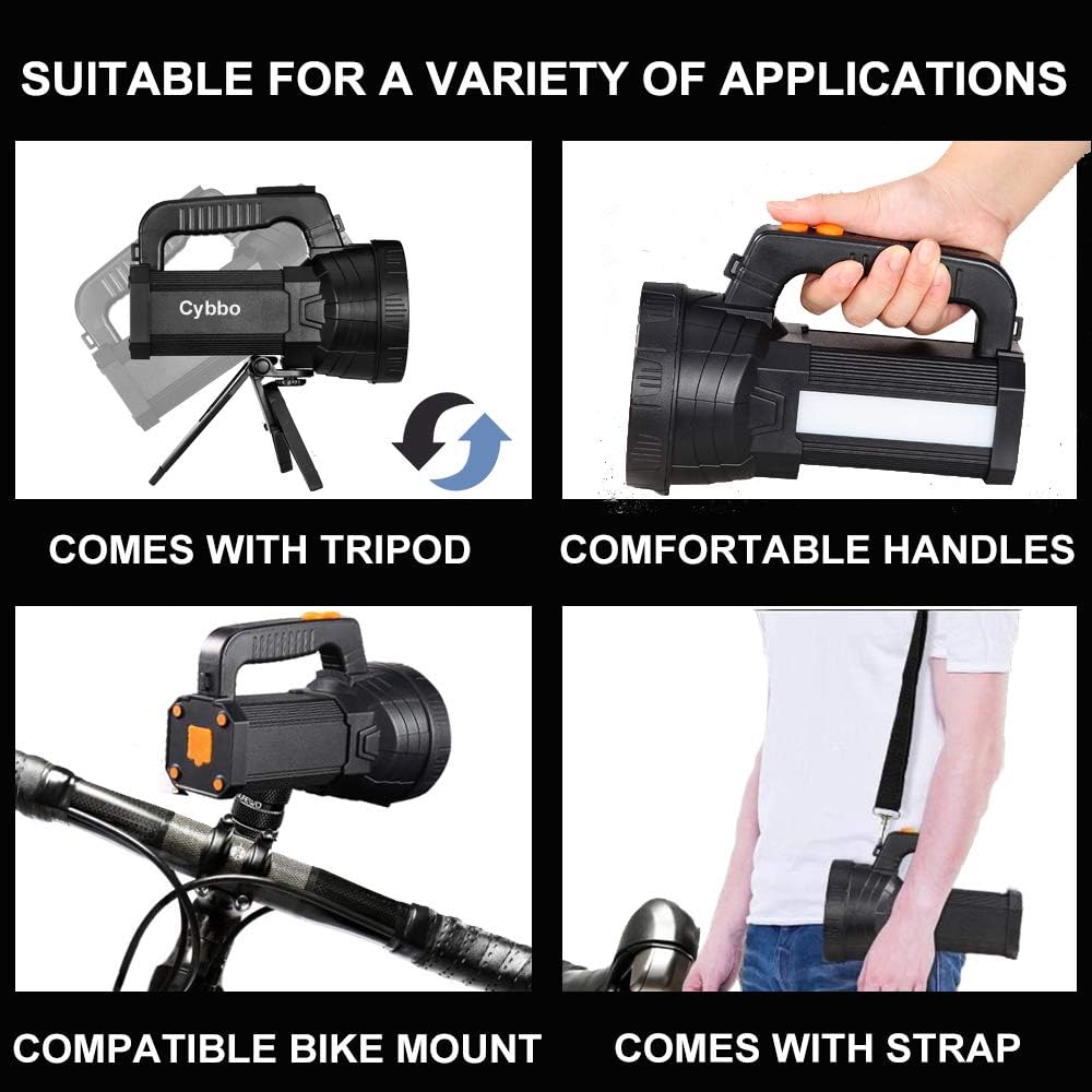 Rechargeable Spotlight Super Bright Led Tactical Flashlight 9600mah 6000 Lumens Spot Light Waterproof Handheld Searchlight Power Bank Function Torchlight 6 Lights Modes with Foldable Tripod - - 