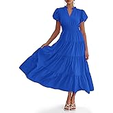 Wenrine Womens Summer Midi Dress Puff Short Sleeve V Neck Flowy Tiered Beach A-Line Dresses